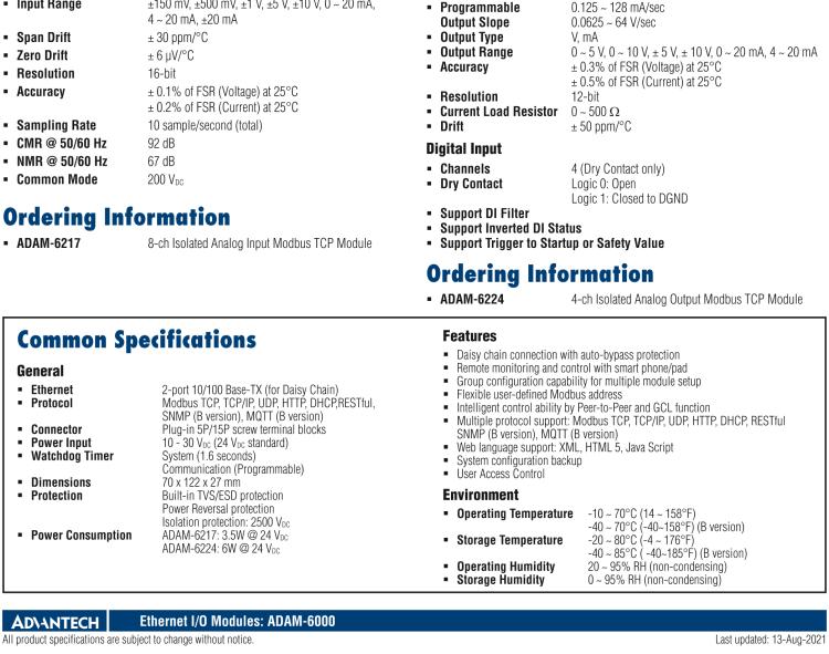 研華ADAM-6224 支持Modbus TCP的4路隔離模擬量輸出模塊