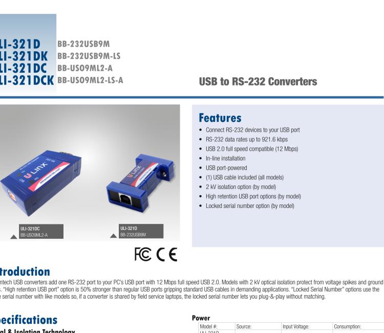 研華BB-232USB9M-LS ULI-321DK USB 2.0到RS-232轉(zhuǎn)換器，DB9公頭 端口號鎖定