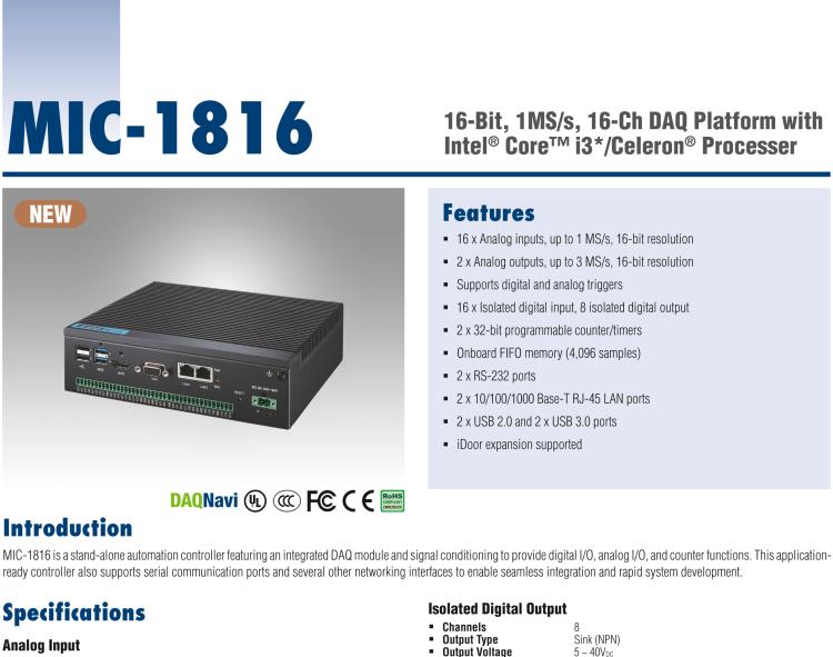 研華MIC-1816 具有Core?i3 /Celeron?處理器的16位，1 MS / s，16通道DAQ平臺(tái)