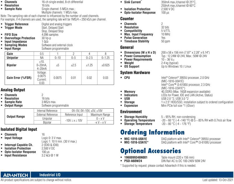 研華MIC-1816 具有Core?i3 /Celeron?處理器的16位，1 MS / s，16通道DAQ平臺(tái)