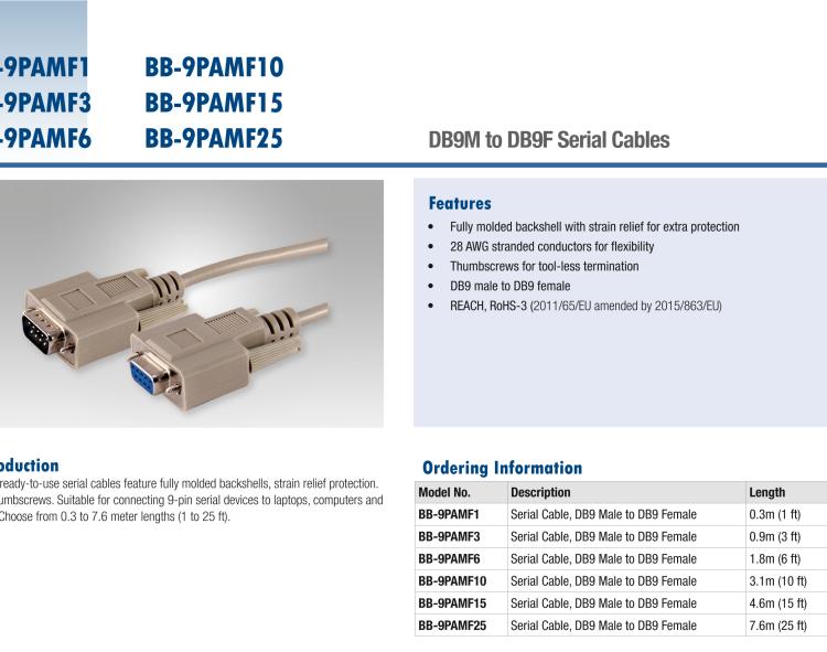 研華BB-9PAMF10 Serial Cable, RS-232 DB9 M to DB9 F, 3.05 m / 10 ft