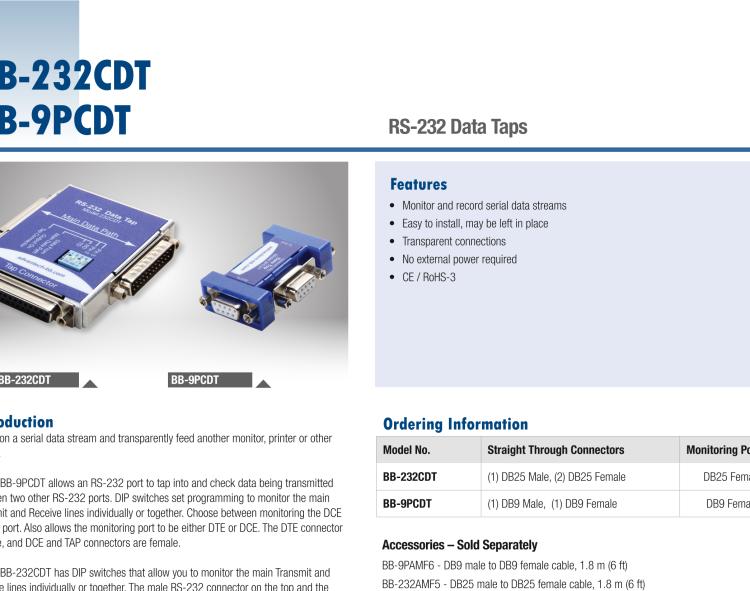 研華BB-232CDT 串口數(shù)據(jù)監(jiān)聽(tīng)器，RS-232，DB25 公頭至DB25 母頭加DB25 母頭監(jiān)視器