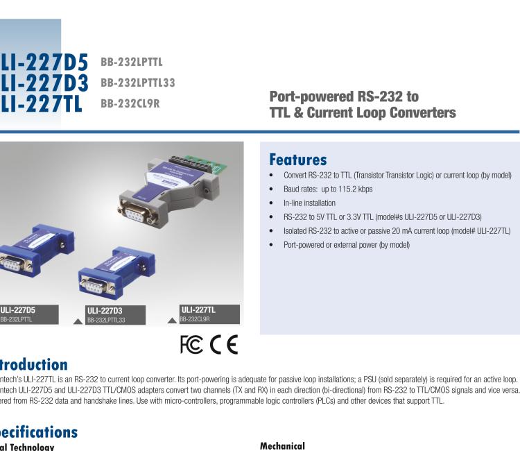 研華BB-232CL9R ULI-227TL RS-232（DB9母頭）至20 mA電流回路（接線端子）轉(zhuǎn)換器