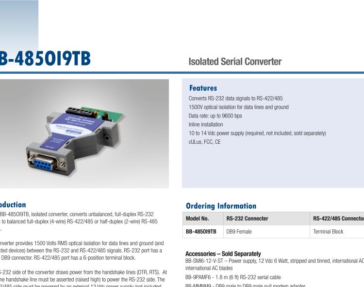研華BB-485OI9TB 串口轉(zhuǎn)換器，RS-233 DB9母頭至RS-422/485 TB