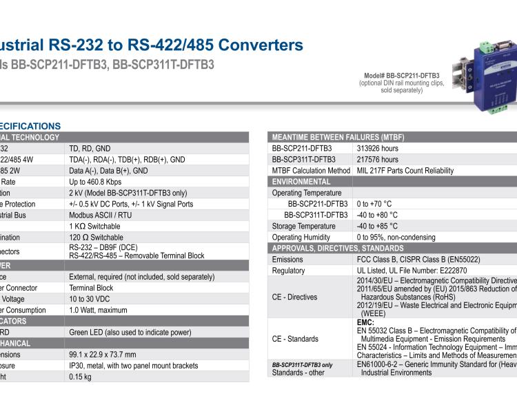 研華BB-SCP311T-DFTB3 ULI-224THC 寬溫度范圍、隔離式、RS-232 至 422/485 轉(zhuǎn)換器