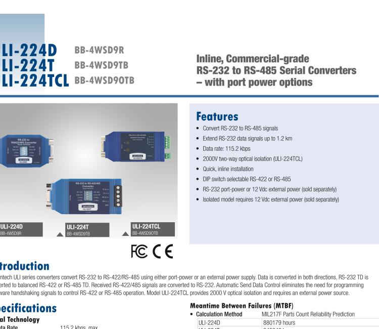 研華BB-485BAT3 ULI-224TB RS-232（DB9母頭至RS-422/485（接線端子）轉(zhuǎn)換器，電池供電