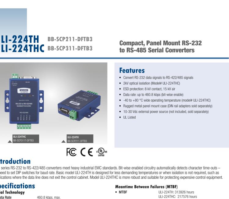 研華BB-485BAT3 ULI-224TB RS-232（DB9母頭至RS-422/485（接線端子）轉(zhuǎn)換器，電池供電