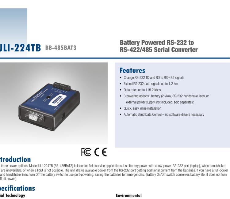 研華BB-4WSD9R ULI-224D RS-232至RS-422/485（2線/4線）轉換器，DB9母頭