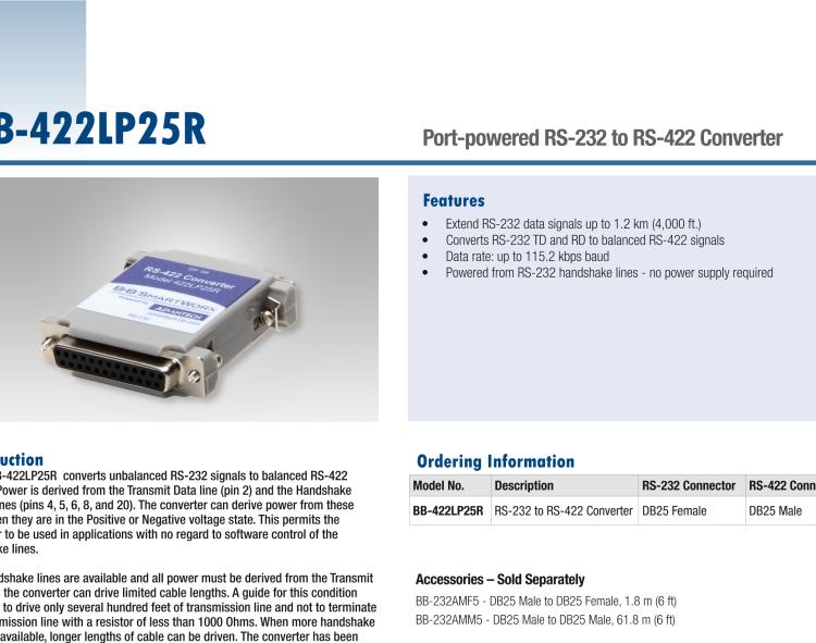 研華BB-422LP25R 串口轉(zhuǎn)換器，RS-232 DB-25 F至RS-422 DB25 M，端口供電