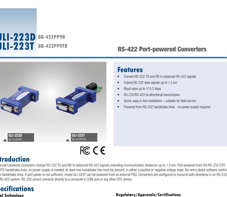 研華BB-422PP9TB ULI-223T RS-232（DB9母頭）至RS-422（接線端子）轉(zhuǎn)換器，端口供電