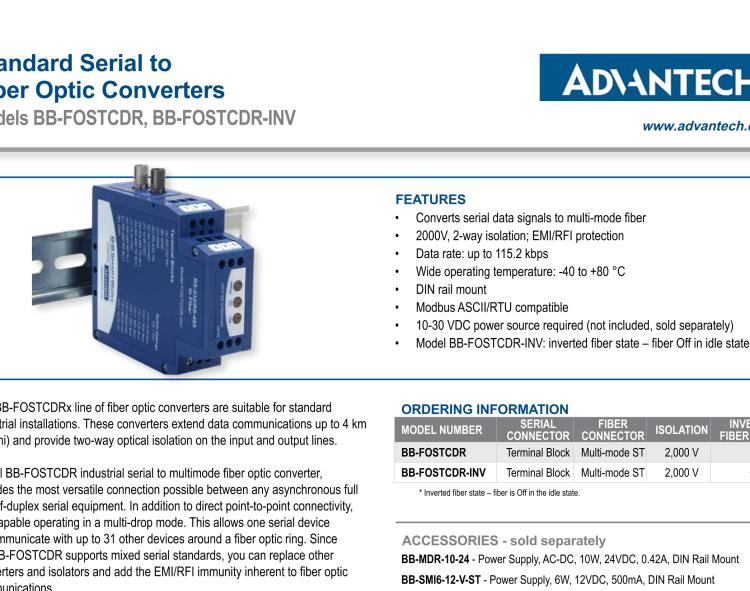 研華BB-FOSTCDR-INV 串口轉(zhuǎn)換器，RS-232/422/485 TB至MM光纖ST（反向），工業(yè)DIN