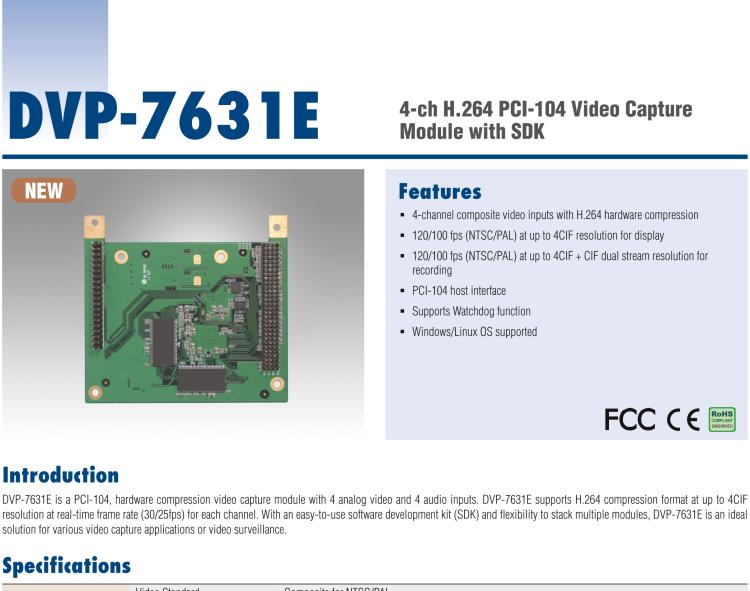 研華DVP-7631E 4-ch H.264 PCI-104 Video Capture Module with SDK