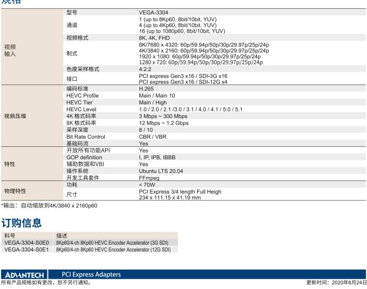 研華VEGA-3304 8Kp60實(shí)時廣播級HEVC編碼卡